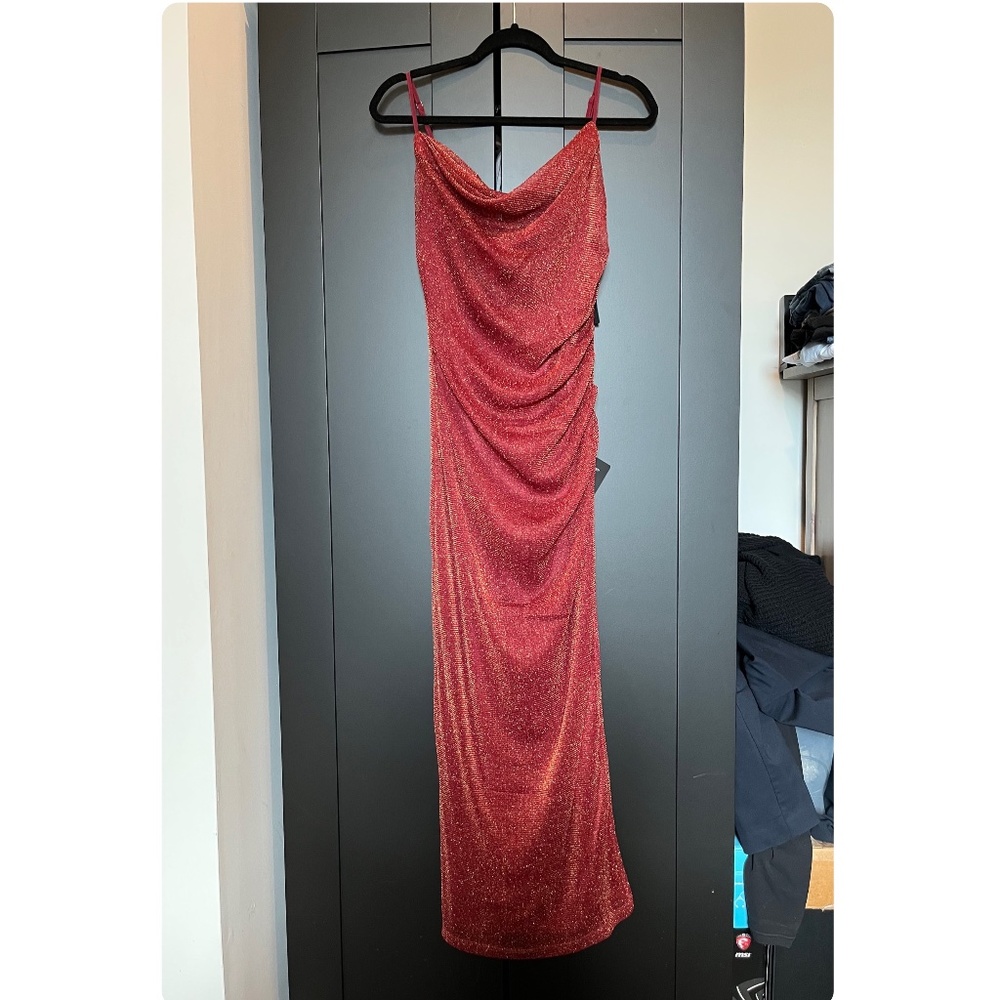 NWT Lulus Next Please Gold and Burgundy Cowl Neck Bodycon Dress